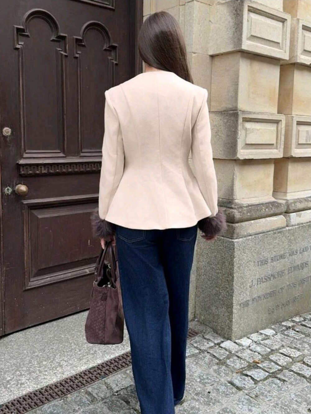 Women's Elegant Jacket With Frog Button Placket And Faux Fur Cuffs - Picture 7 of 8